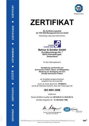 TÜV Zertifikat DIN ISO 9001: 2015 Bahner & Schäfer