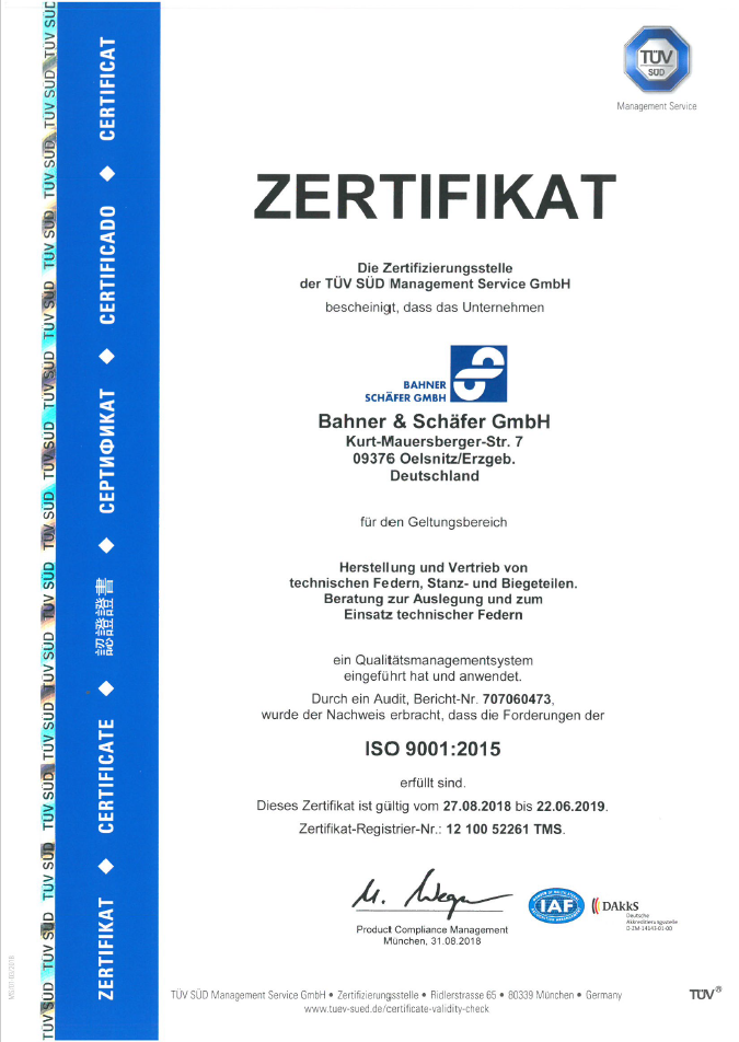 TÜV Zertifikat DIN ISO 9001: 2015 Bahner & Schäfer