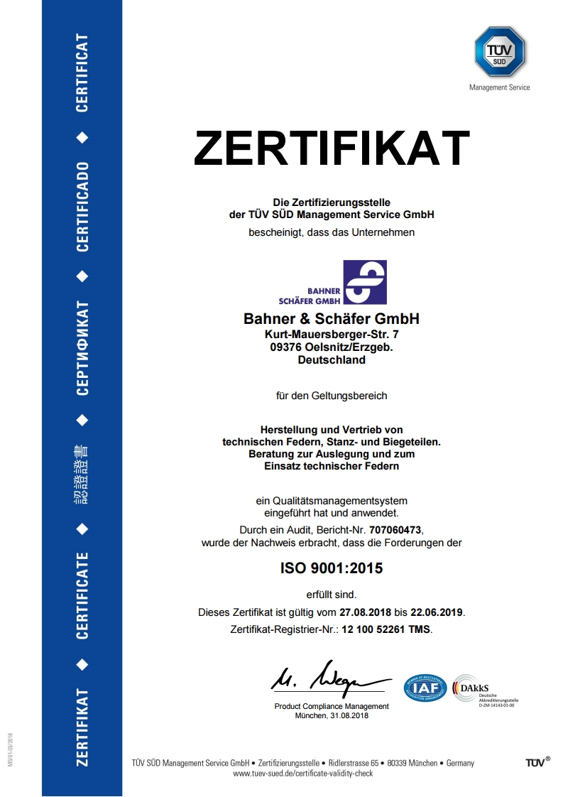DIN ISO 9001 Zertifikat - Bahner Schäfer GmbH- technische Federn
